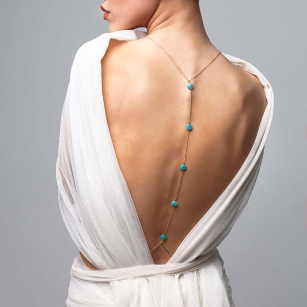 FUNGI body jewellery with blue beads and halter at Brigade Mondaine