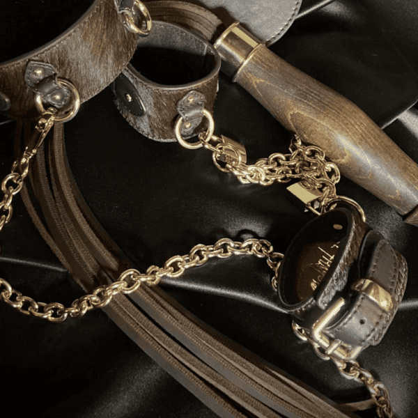 Photographie sur fond de textile noir, accessoires bdsm collier, laisse, menottes et fouet de cuir marron et détails dorés comme chaines et cadenas
