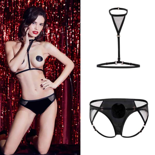 Black fishnet and velvet lingerie set with open panties and pompom on the buttocks and bust harness UPKO at Brigade Mondaine