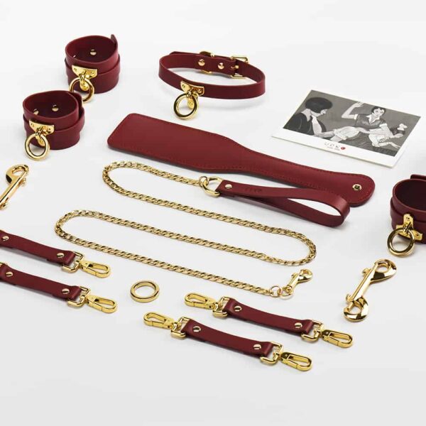 Burgundy red BDSM leather accessories and 24K gold details, wrist, ankle and thigh cuffs and collar and leash, spanking paddle UPKO at Brigade Mondaine
