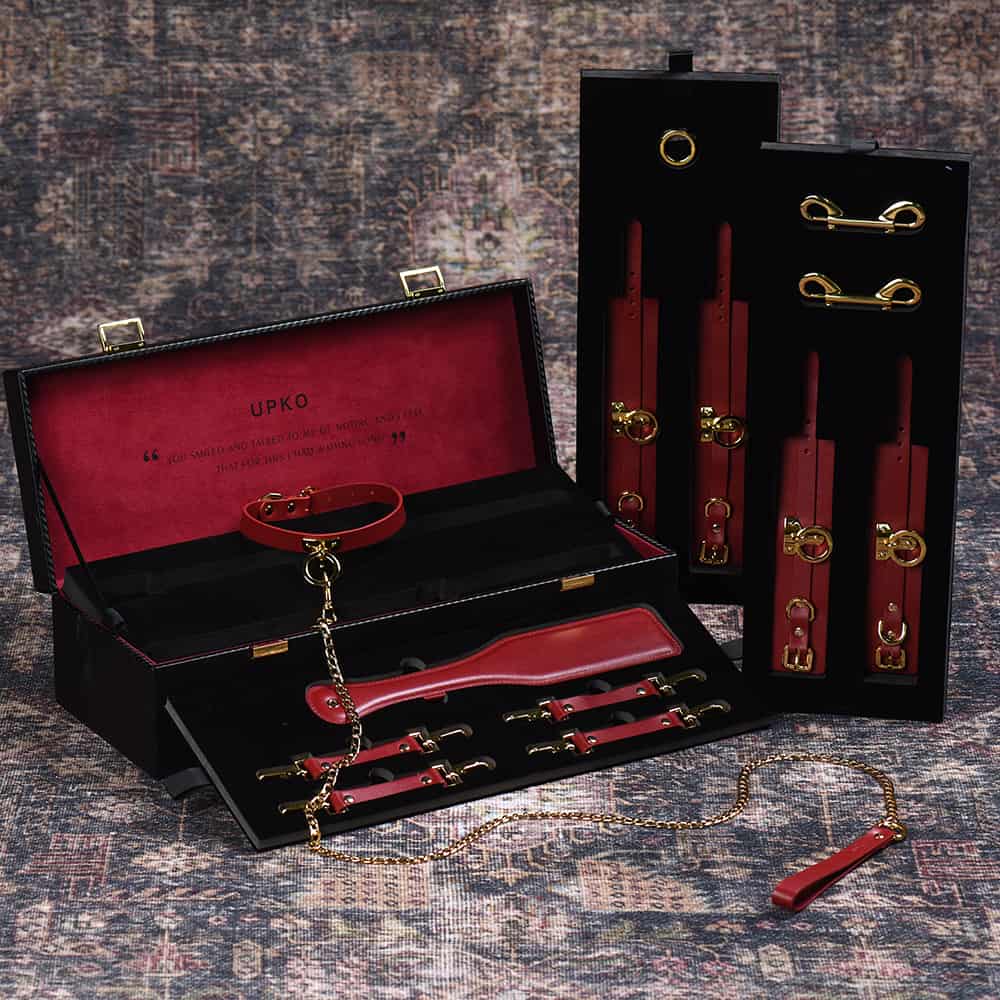 Bondage- und BDSM-Zubehörkoffer aus rotem Leder mit Halsband, Leine, Handschellen und Spanking-Paddle