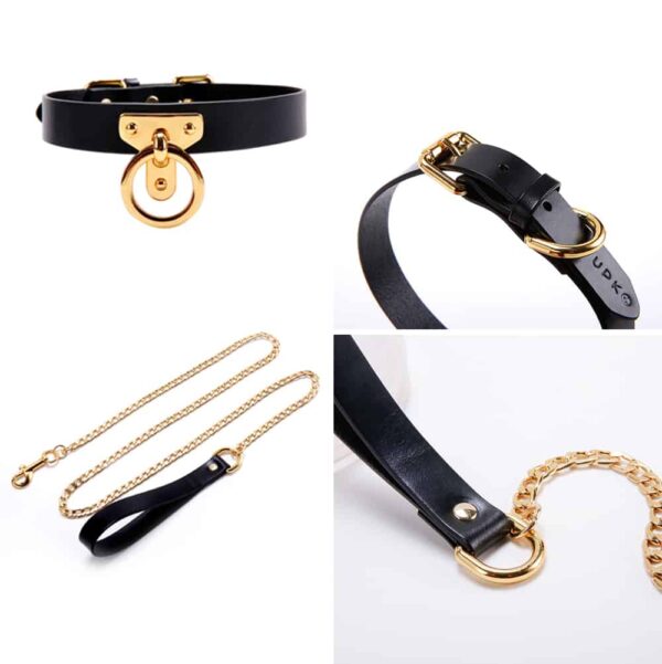 Black leather chocker collar with 24K gold leash engraved entirely handmade by UPKO at Brigade Mondaien