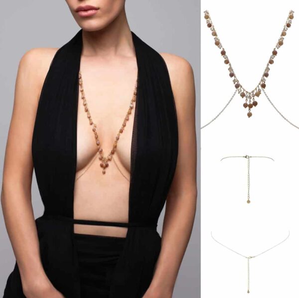 24K gold and agathe stones body jewelry with Swarovski crystal and halter necklace at Brigade Mondaine