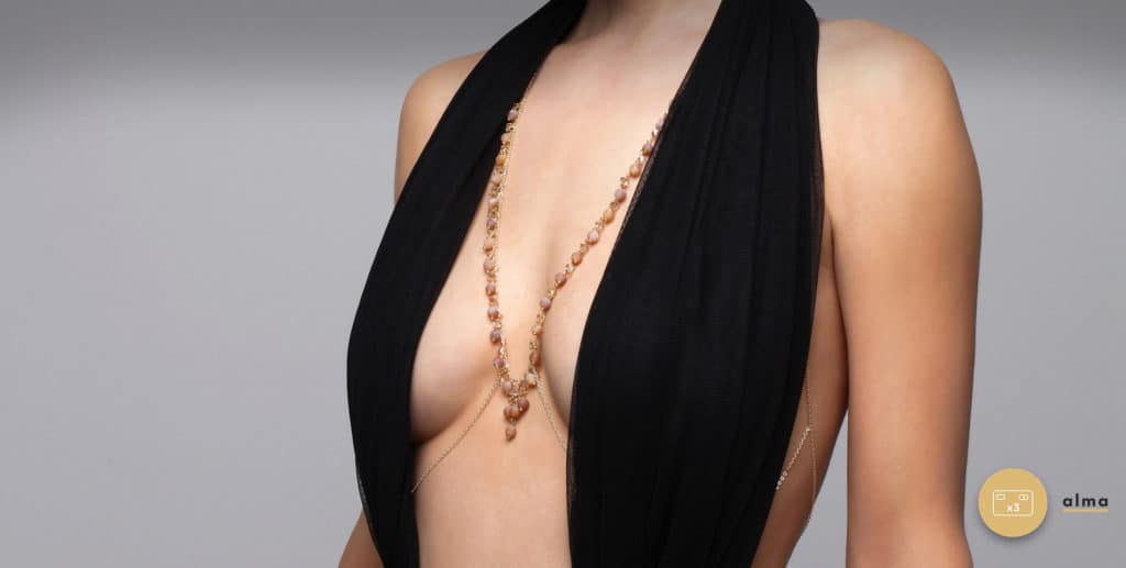 Body jewel with large pendant between the breasts decorated with pearls and crystals and FUNGI halter at Brigade Mondaine