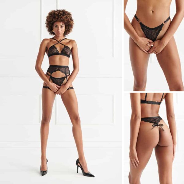 Vienna black lace cross bra set with Vienna black lace G-spot stimulating thong and Vienna black lace suspender belt from the brand Bracli Vienna lace collection with G-spot stimulating pearls worn on a mannequin front view close up front and back view all on a white background from the Vienna collection by Bracli at Brigade Mondaine