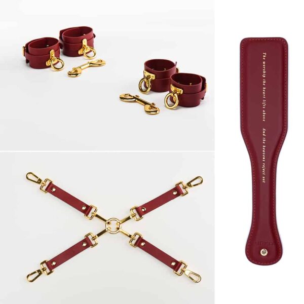 Bondage accessories in burgundy red leather with gold plated finish UPKO