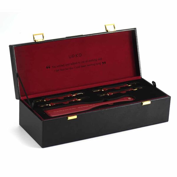 BDSM bondage accessory trunk in burgundy red leather with gold plated finish UPKO