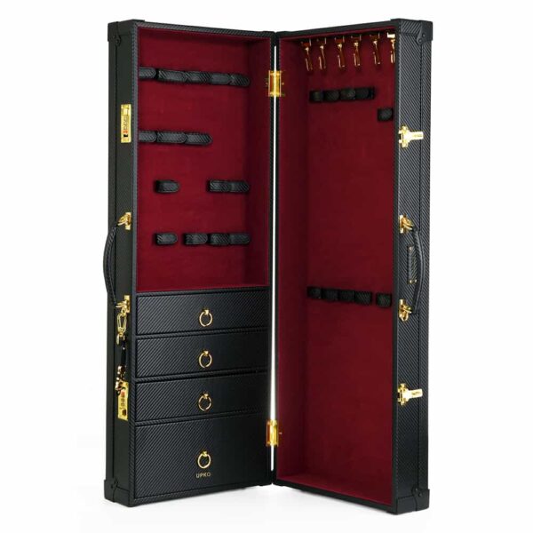 Handmade red velvet and black leather bondage and BDSM accessory case, including drawers and UPKO code lock at Brigade Mondaine