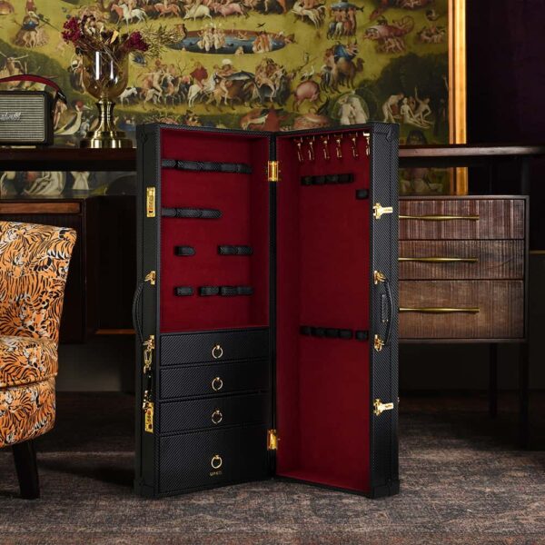 Case d'bondage and BDSM accessories in red velvet and black leather handmade, including drawers and secured closure with UPKO code at Brigade Mondaine