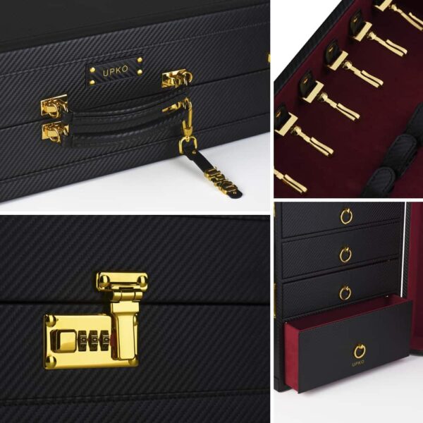 Case d'bondage and BDSM accessories in red velvet and black leather handmade, including drawers and secured closure with UPKO code at Brigade Mondaine