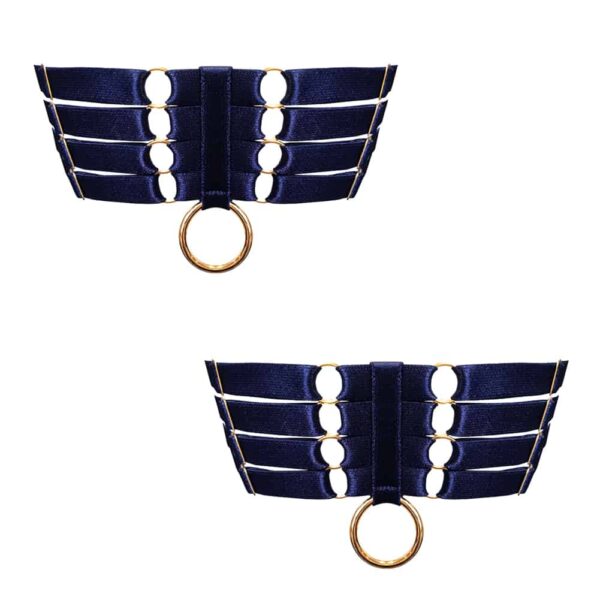 Navy blue satin elastic bondage garters with ring d'gold trim BORDELLE at Brigade Mondaine