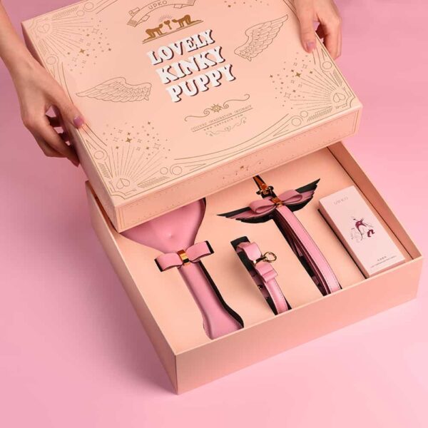 Caja de regalo d' juego d' accesorios de bondage BDSM de cuero rosa con collar, correa, paleta para azotar y vela de cera de baja temperatura UPKO a Brigade Mondaine