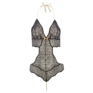 Body string avec perles stimulantes et attache satin en dentelle noire collection SYDNEY avec petit noeud sur le devant BRACLI chez Brigade Mondaine