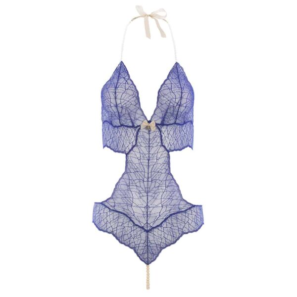 Body string avec perles stimulantes et attache satin en dentelle bleue collection SYDNEY avec petit noeud sur le devant BRACLI chez Brigade Mondaine