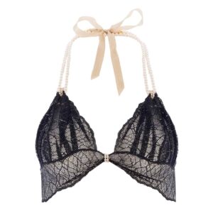 Soft bra with pearls and black lace satin strap SYDNEY collection with small bow on the front BRACLI at Brigade Mondaine