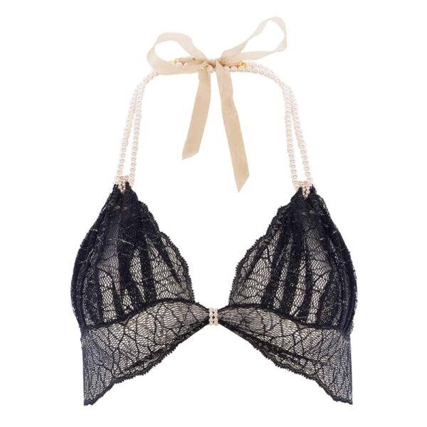Soft bra with pearls and black lace satin strap SYDNEY collection with small bow on the front BRACLI at Brigade Mondaine