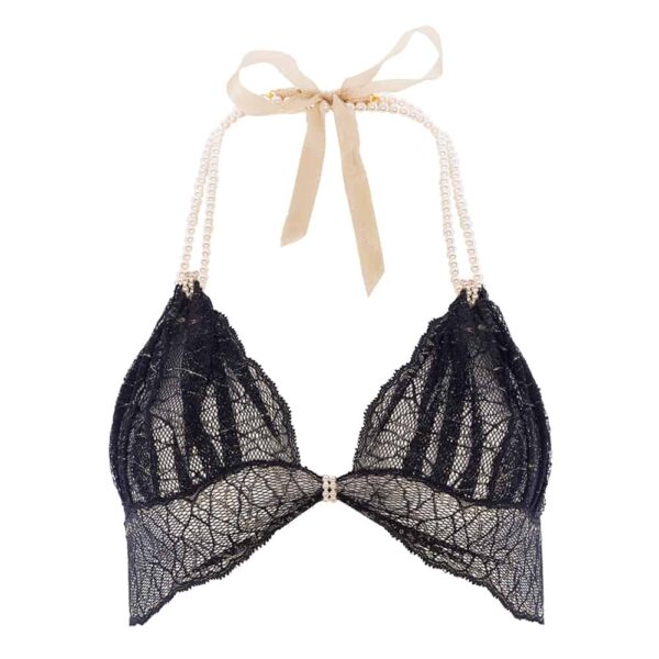 Soutien-gorge souple avec perles et attache satin en dentelle noire collection SYDNEY avec petit noeud sur le devant BRACLI chez Brigade Mondaine