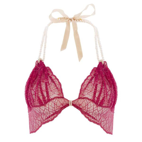 Soutien-gorge avec perles et attache satin en dentelle rouge collection SYDNEY avec petit noeud sur le devant BRACLI chez Brigade Mondaine