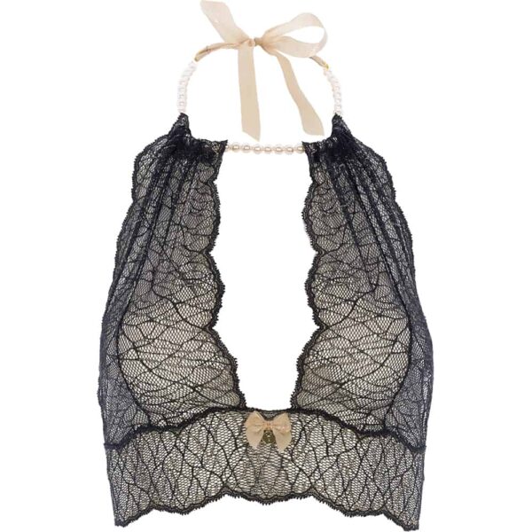 Bralette with pearls and black lace satin tie SYDNEY collection with small bow on the front BRACLI at Brigade Mondaine