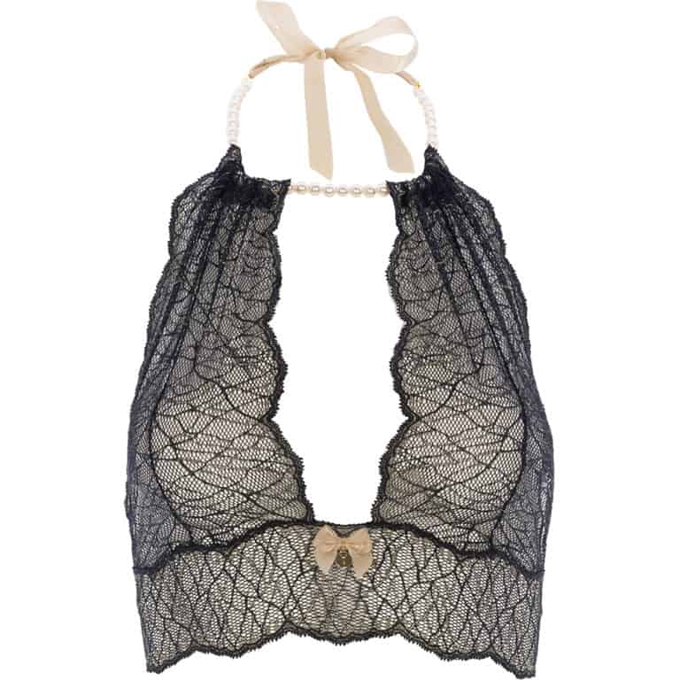 Bralette with pearls and black lace satin tie SYDNEY collection with small bow on the front BRACLI at Brigade Mondaine