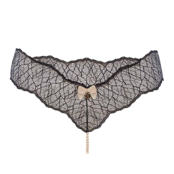 G-string with stimulating pearls in black lace SYDNEY collection with small bow on the front BRACLI at Brigade Mondaine