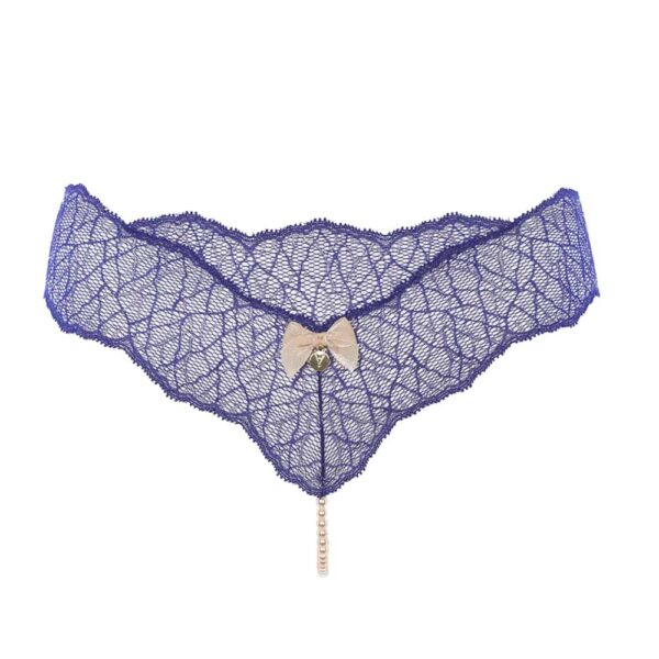 G-String with stimulating beads in blue lace SYDNEY collection with small bow on the front BRACLI at Brigade Mondaine