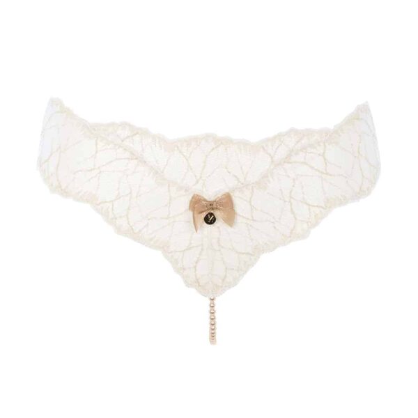 G-String with stimulating pearls in ivory lace SYDNEY collection with small bow on the front BRACLI at Brigade Mondaine