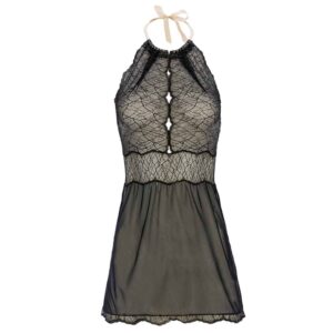 Babydoll Sydney Black by Bracli at Brigade Mondaine. This babydoll is in lace worked at the chest. The bottom of this babydoll is in lace illusion transparency. It is attached to the neck by small white beads delicate to tie with a satin ribbon.