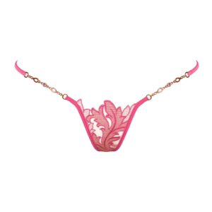 Golden g-string made of black mesh and pink lace with Lucky Cheeks flower motif at Brigade Mondaine