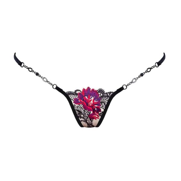 Tanga de joya plateada hecha de carne y encaje negro con motivo de flores moradas y rojas Lucky Cheeks en Brigade Mondaine