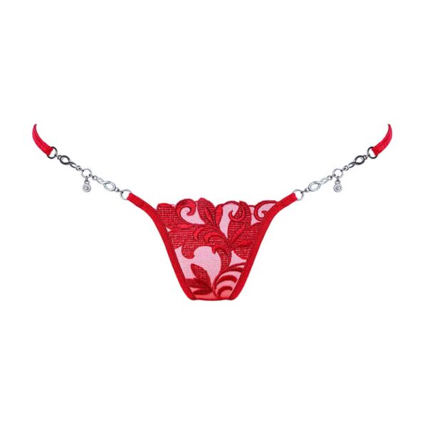 Silver jewel g-string made of mesh and red lace with Lucky Cheeks flower motif at Brigade Mondaine