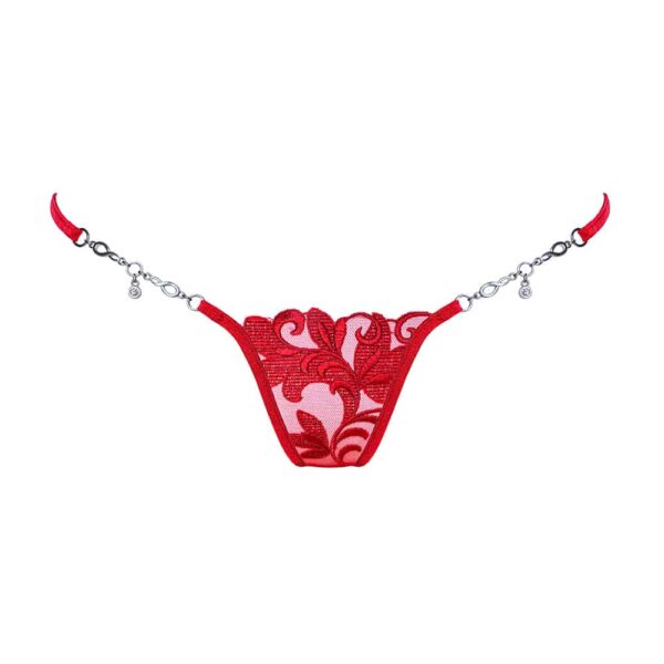 Tanga de plata de malla y encaje rojo con motivo de la flor Lucky Cheeks en Brigade Mondaine