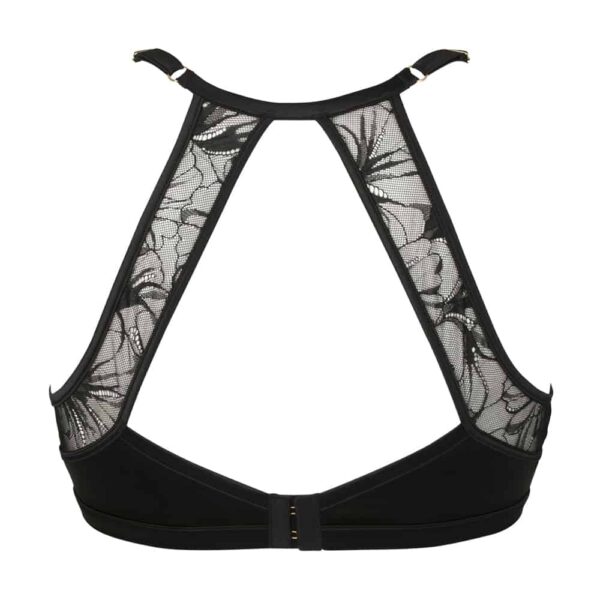 Soutien Gorge ouvert dans le dos noir avec des boutons au centre en dentelle et en satin noir non porté sur un fond blanc vue de dos de la collection Nuit à Brodway d'Atelier Amour chez Brigade Mondaine