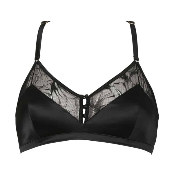 Soutien Gorge noir avec des boutons au centre en dentelle et en satin noir non porté sur un fond blanc vue de face de la collection Nuit à Brodway d'Atelier Amour chez Brigade Mondaine