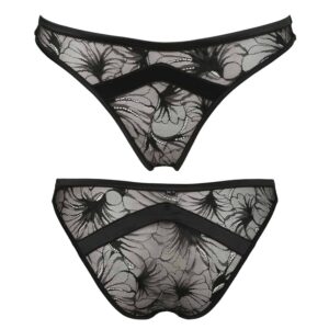 Black lace and satin floral pattern panties made in France seen from the front and back not worn on a white background from the Nuit à Brodway collection d'Atelier Amour at Brigade Mondaine