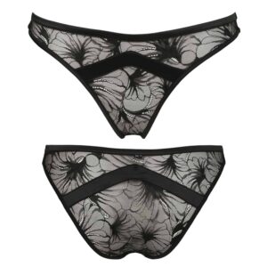 Culotte noire en dentelle et en satin motif fleuri fabriquée en France vu de face et de dos non portée sur fond blanc de la collection Nuit à Brodway d'Atelier Amour chez Brigade Mondaine