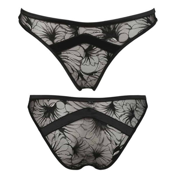 Black lace and satin floral pattern panties made in France seen from the front and back not worn on a white background from the Nuit à Brodway collection d'Atelier Amour at Brigade Mondaine