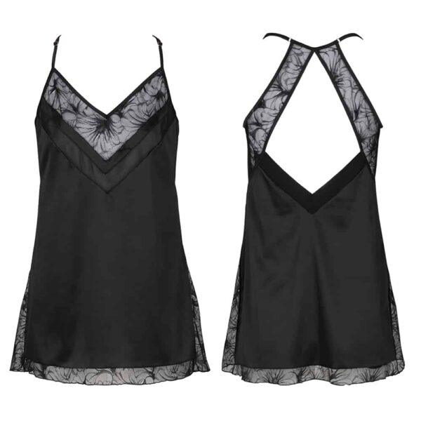 Black satin and lace open back babydoll not worn on a white background front and back view Brodway Night at Brodway d'Atelier Amour at Brigade Mondaine