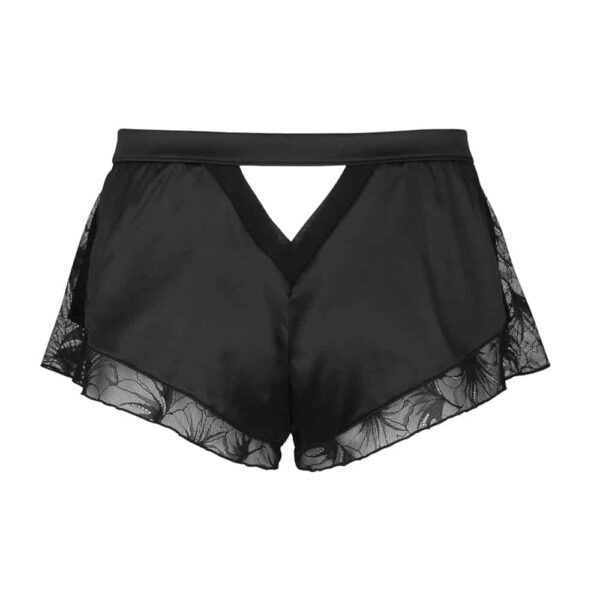 Pantalón corto de satén y encaje negro hecho en Francia no usado visto de espaldas sobre un fondo blanco de la colección Nuit à Brodway d'Atelier Amour a Brigade Mondaine