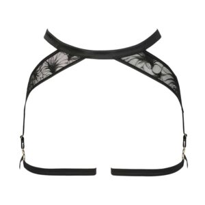 Black lace and satin suspender belt not worn on a white background front view from the Nuit à Brodway collection by Atelier Amour at Brigade Mondaine