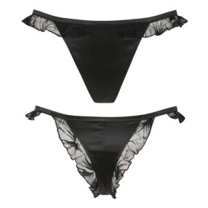 Black satin tanga with lace elements seen from front and back unworn on white background from the Nuit à Brodway collection by Atelier Amour at Brigade Mondaine