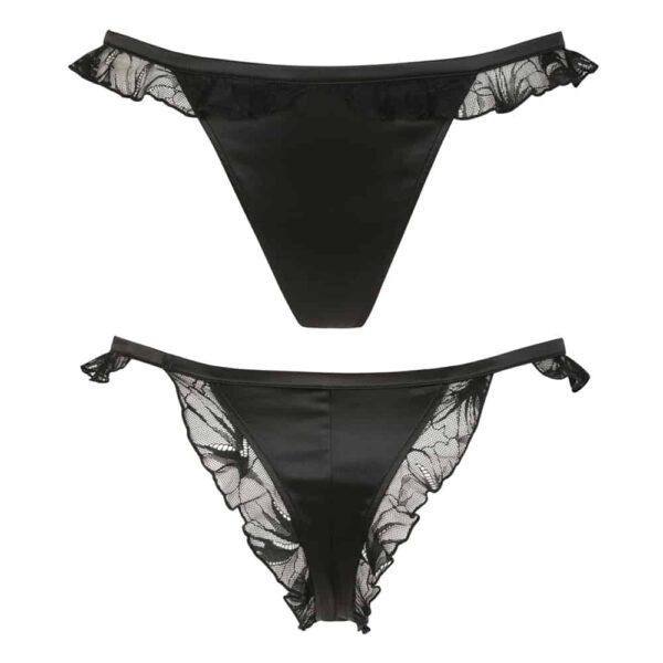 Black satin thong with lace elements front and back view not worn on a white background from the Night at Brodway collection d'Atelier Amour at Brigade Mondaine