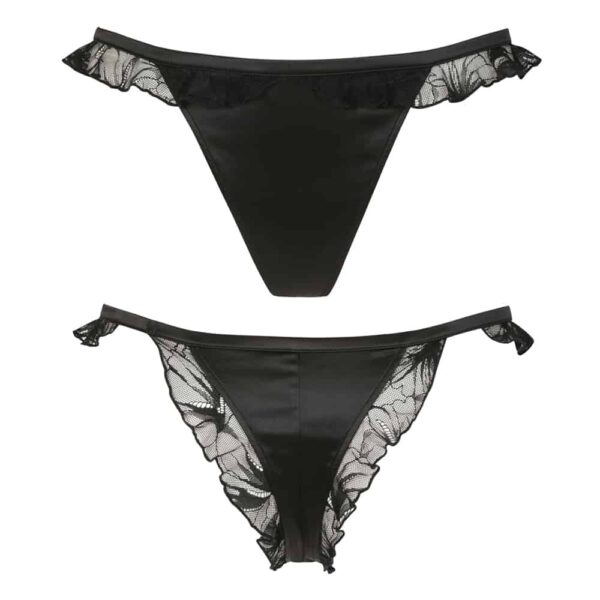 Tanga Noir en satin avec des éléments en dentelle vue de face et de dos non porté sur fond blanc de la collection Nuit à Brodway d'Atelier Amour chez Brigade Mondaine