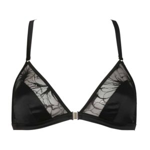 French-made, unworn black satin and black lace front clasp bra on white background from the Nuit à Brodway collection by Atelier Amour at Brigade Mondaine