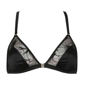 Black bra with satin front hook and black lace of French manufacture not worn on a white background from the Nuit à Brodway collection d'Atelier Amour at Brigade Mondaine
