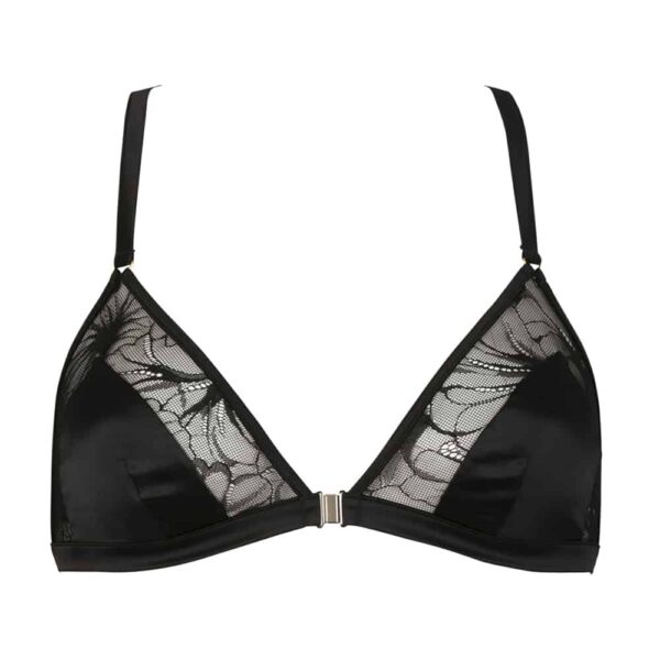 Soutien gorge noir avec agrafe devant en satin et dentelle noire de fabrication française non portée sur fond blanc de la collection Nuit à Brodway d'Atelier Amour chez Brigade Mondaine