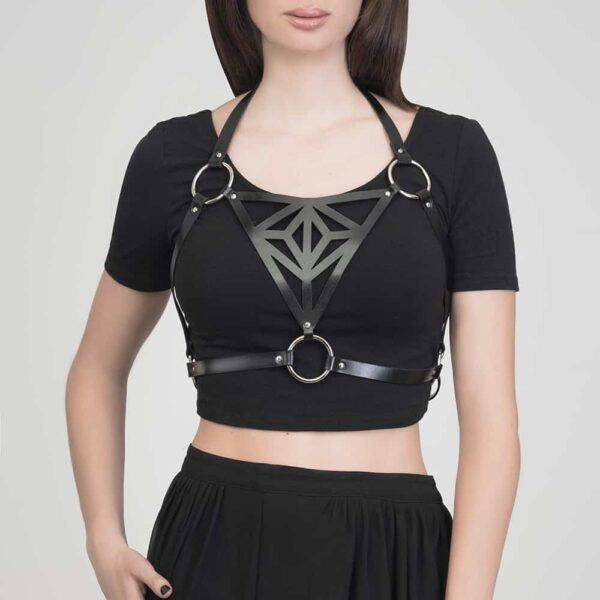 Black vegetable leather harness with triangular Blasted Skin patterns at Brigade Mondaine