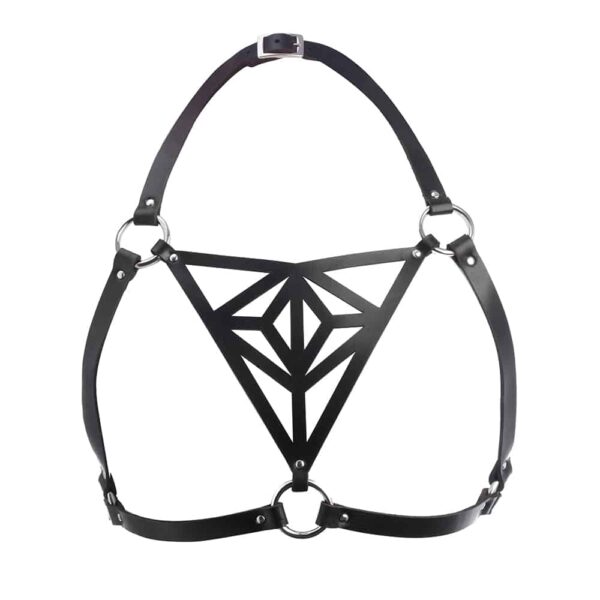 Black vegetable leather harness with triangular patterns front view of Blasted Skin at Brigade Mondaine