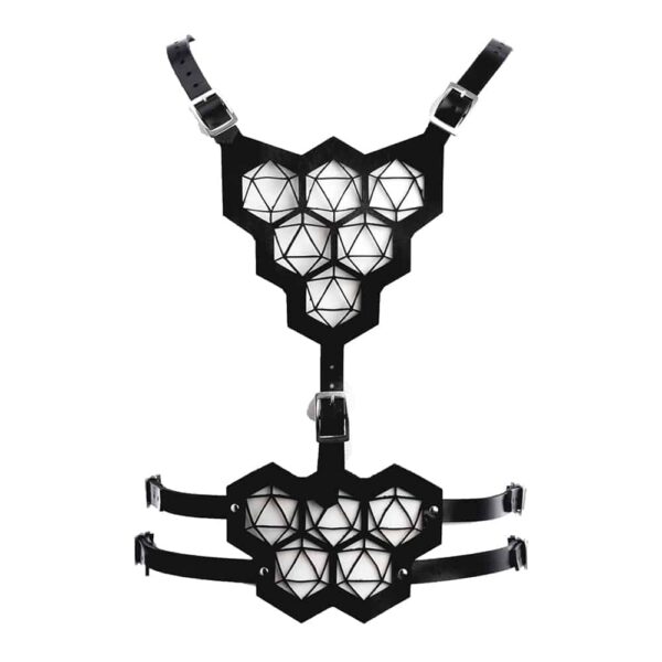 Black vegetable leather harness with geometric patterns seen from behind of Blasted Skin at Brigade Mondaine