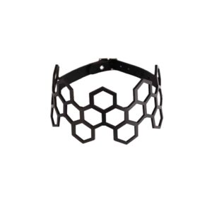 Black leather choker collar lace hexagonal shape BLASTED SKIN at Brigade Mondaine